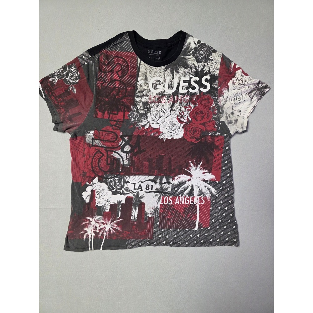 Guess Los Angeles Mens XXL Graphic T-Shirt Red Black Floral Palm Tree Collage
